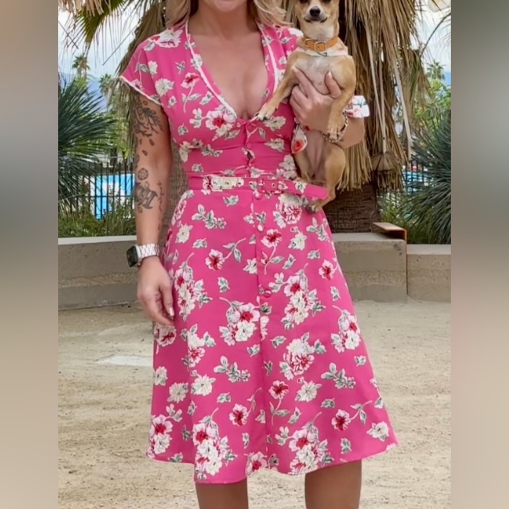Unique Vintage Pink Floral Midi Dress
